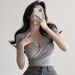 Women's Cross Front Low Cut V-Neck Slim Fit Cropped Tee, Convertible Backless Two-Way Stretch Top In Black And Gray_ecoleips.com