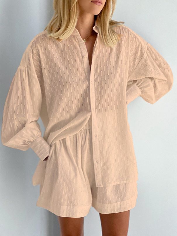 Women's Clothing Summer Women's Jacquard Shirt Puff Sleeve Temperament Top Casual Commuter Design Style Suit Shorts_ecoleips.com