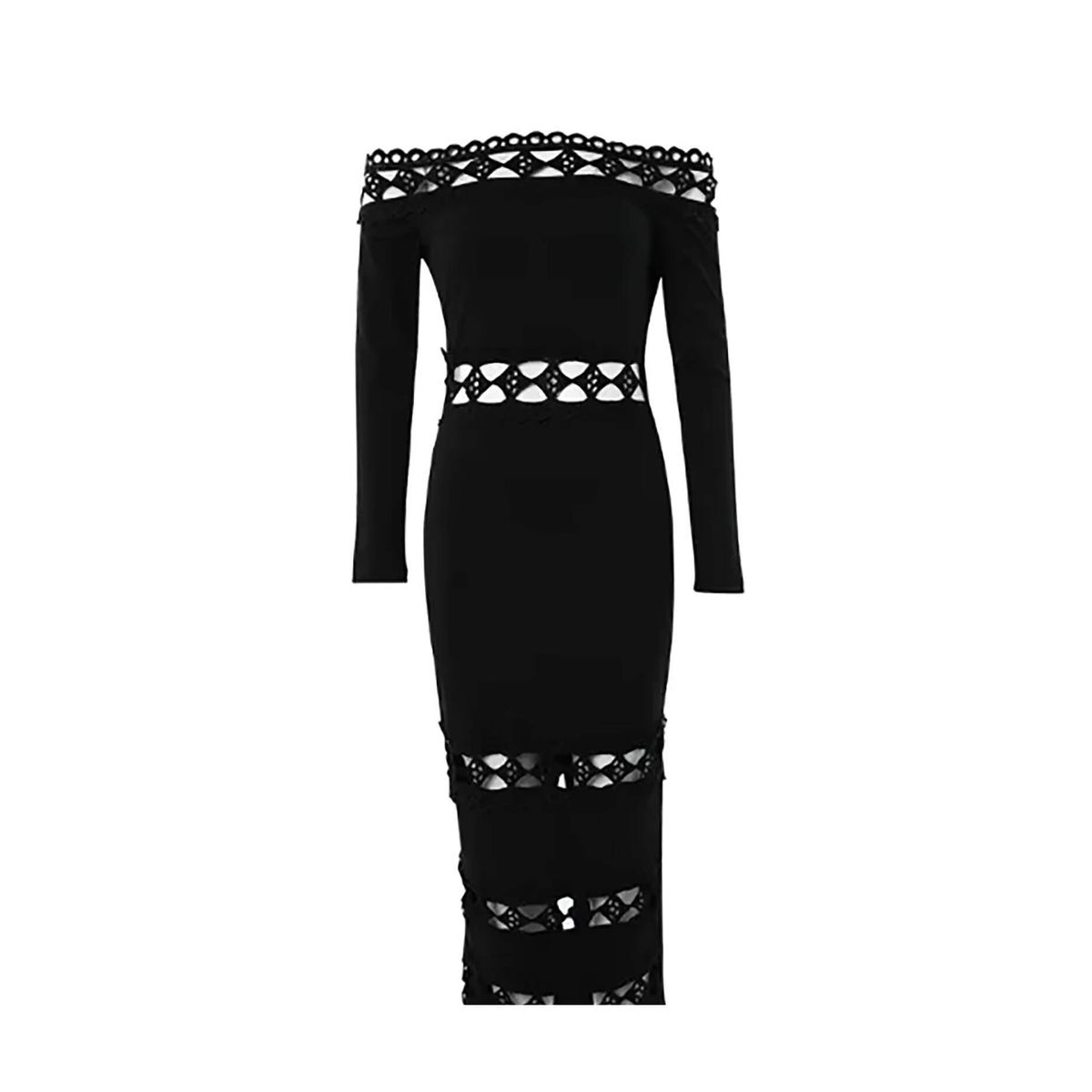 Maxi Dress Spring Summer Women Black Off-the-shoulder Long Sleeve Lace Cutout Bodycon Sexy Party Date Dress_ecoleips.com