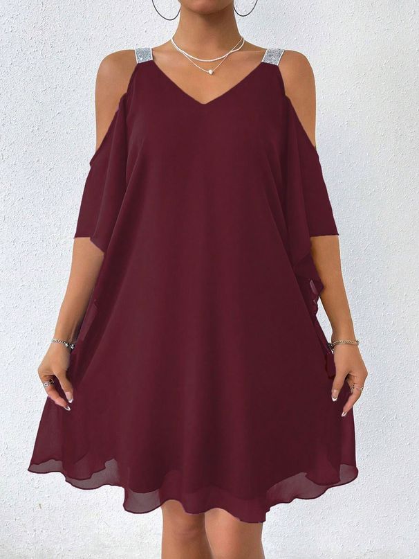 Summer Women's Off-Shoulder Chiffon Dress Solid Color V-Neck Elegant European American Style Stock Photo_ecoleips.com