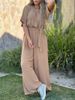 Women's Clothing Casual Solid Color V-neck Lace-up Mid-waist Pocket Jumpsuit_ecoleips.com