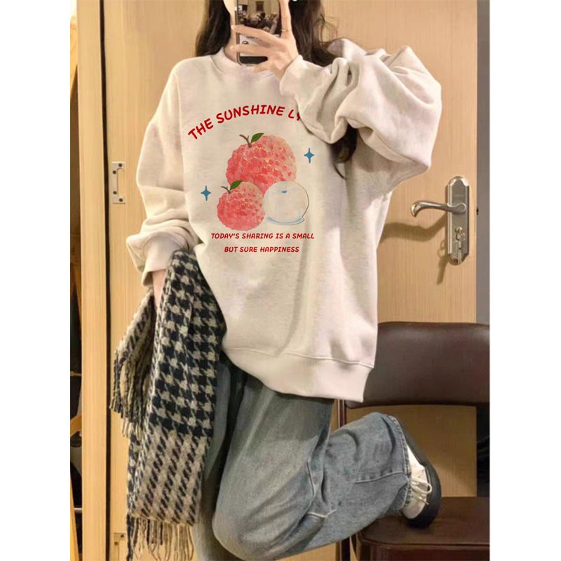 Round Neck Heavyweight American Style Fleece Lined Thickened Sweatshirt For Women, Autumn And Winter, Hong Kong Style Trendy Loose Loose Couple Outfit, Men's Long Sleeved Top_ecoleips.com