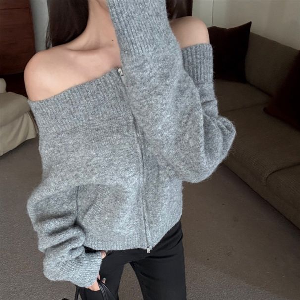 Korean Retro Zipper Knitted Cardigan Off-Shoulder Sweater Coat Greek Aesthetic Atmosphere High-End Slimming_ecoleips.com