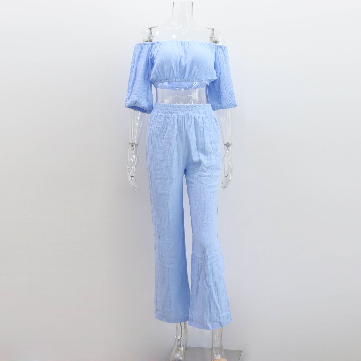 Women's European American Two Piece Suit Pure Cotton Wrinkled Cloth High Waist Wide Leg Pants Short Sleeved Top Solid Color Summer Casual_ecoleips.com