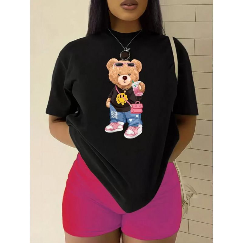 Women's Clothing Cotton T-Shirt With Cartoon Bear Pattern Short Sleeve Women's Top_ecoleips.com