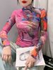 Size S-4XL Women's Long Sleeve Turtleneck Mesh T-shirt Women's Positioning Flower TShirts Female High Stretch Slim Top_ecoleips.com