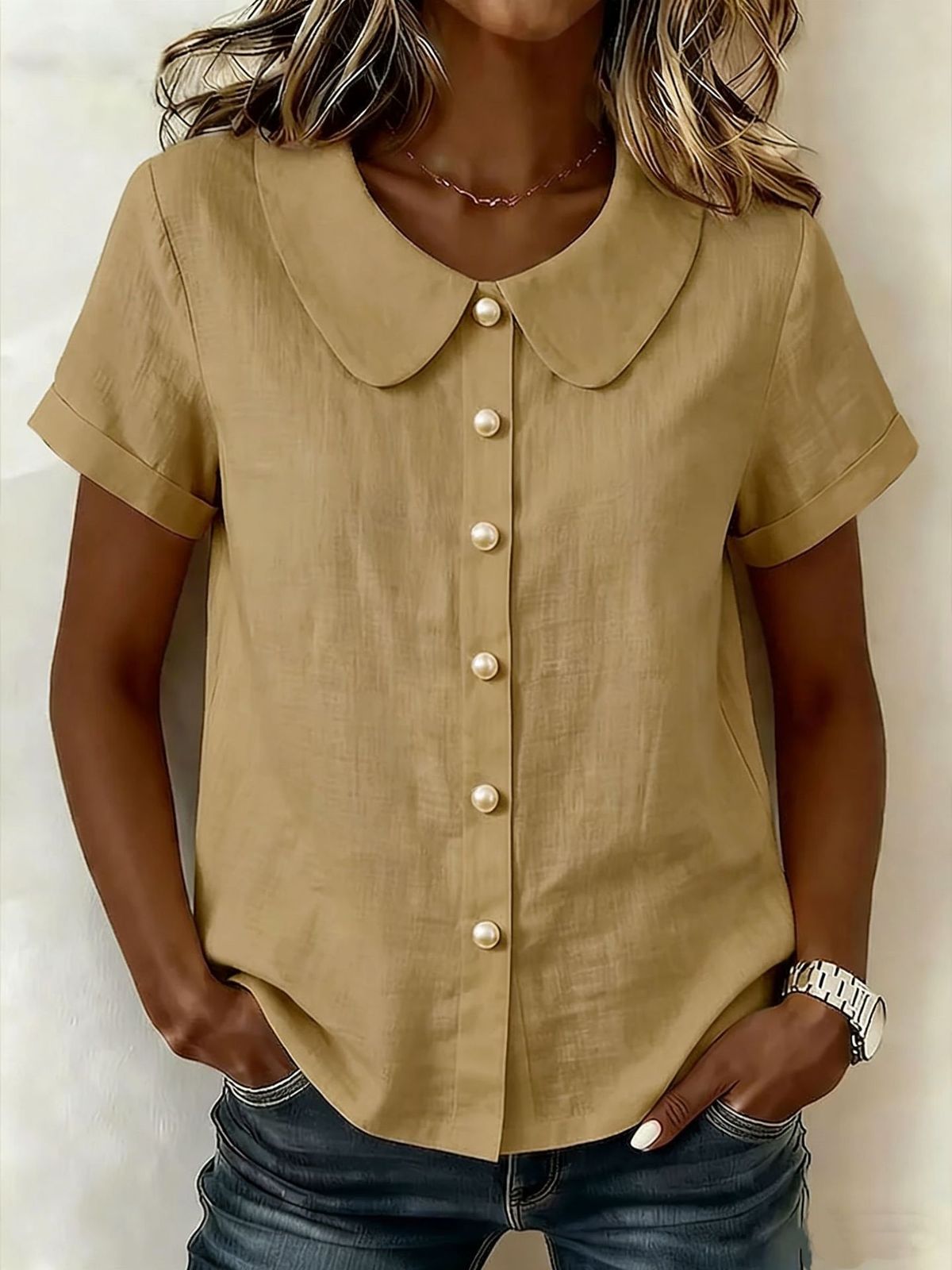 Women's Solid Color Peter Pan Collar Shirt Casual Loose Cotton Linen Short Sleeve Summer Blouse Independent Website European American Style_ecoleips.com