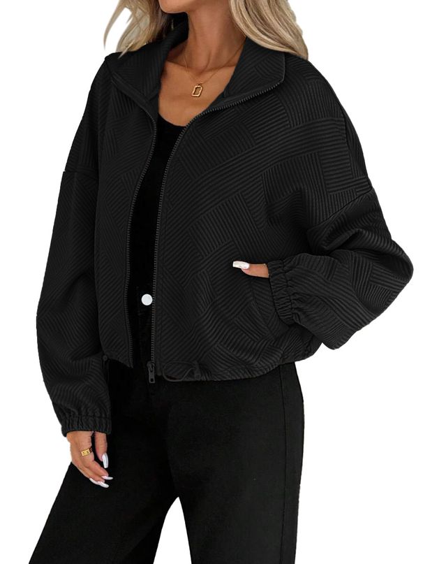 Women's Textured Zip-Up Stand Collar Jacket, Casual Loose Long Sleeve Drawstring Hem Cropped Coat, Elastic Cuff Lightweight Outerwear For Daily Wear S_ecoleips.com