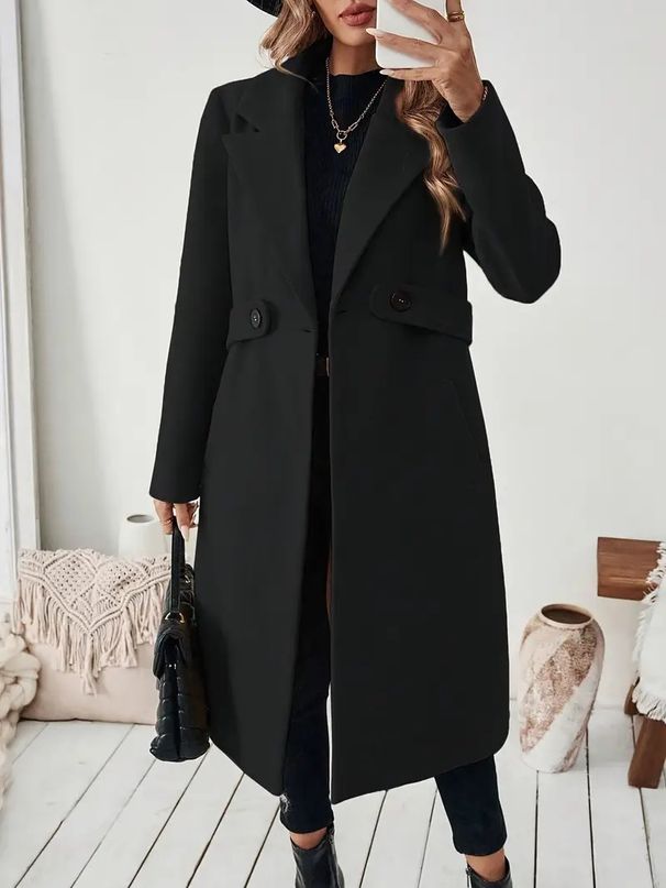Elegant Women's Black & Beige Tweed Mid-Length Coat – Versatile Office To Evening Wear With V-Neck & Pockets_ecoleips.com