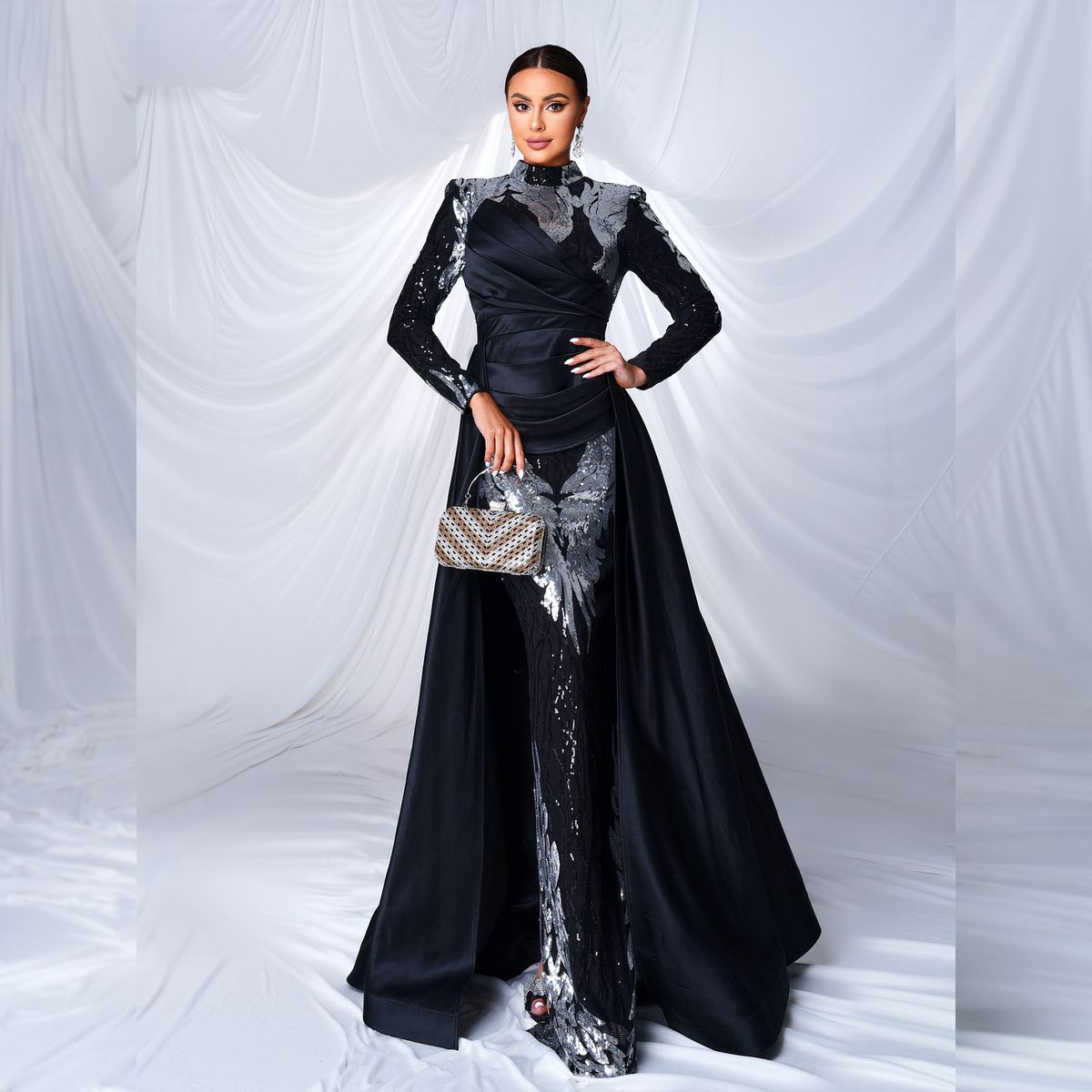 European And American High End Long Sleeved Temperament Round Neck Long Sequined Banquet Fishtail Evening Dress Bridesmaid Dress Dress Women_ecoleips.com