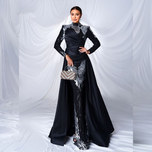 European And American High End Long Sleeved Temperament Round Neck Long Sequined Banquet Fishtail Evening Dress Bridesmaid Dress Dress Women_ecoleips.com