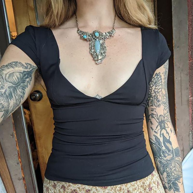 Women's Solid Color Low-Cut Short Sleeve T-Shirt Basic Stretchy Casual Top_ecoleips.com