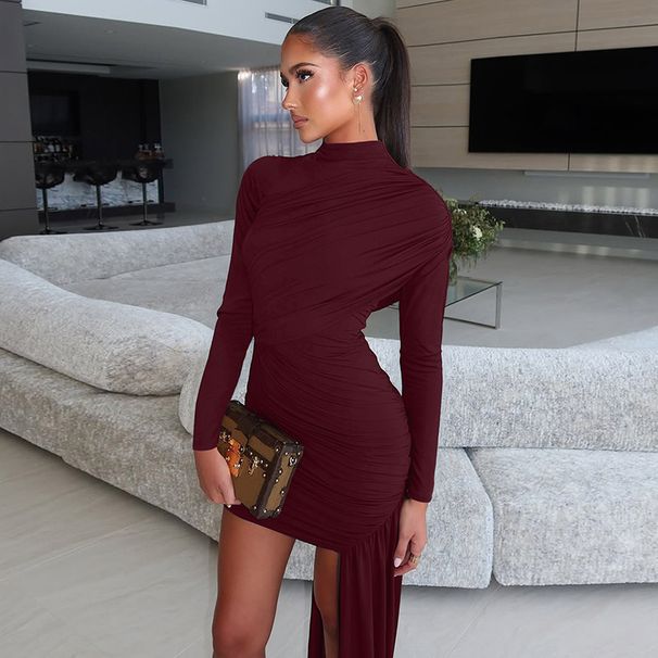 European American Women's Fashion 2025 Autumn New Stylish Slim-fit Round-neck Ruched Bodycon Dress With Ribbons And Long_ecoleips.com