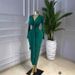 Women's Long Sleeved V Neck Pleated Slit Maxi Dress European American Style Sexy High Elastic_ecoleips.com