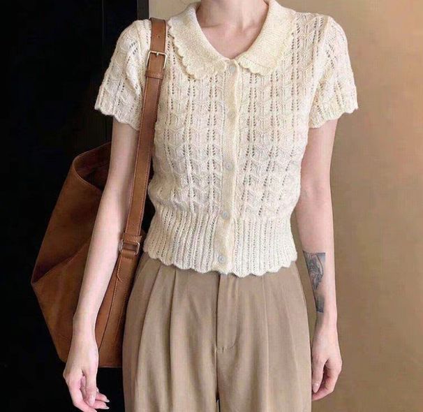 Hollow-out Crochet Doll Collar Knitted Cardigan For Women, Summer Wear, Korean-style Gentle Short-sleeve T-shirt With A_ecoleips.com