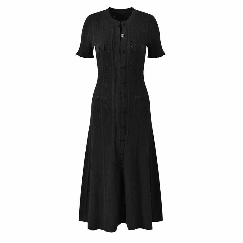 Elegant A-Line Knit Dress for Women with Short Sleeves round Neck Single Button Closure Lace Detailing Flattering Fit_ecoleips.com