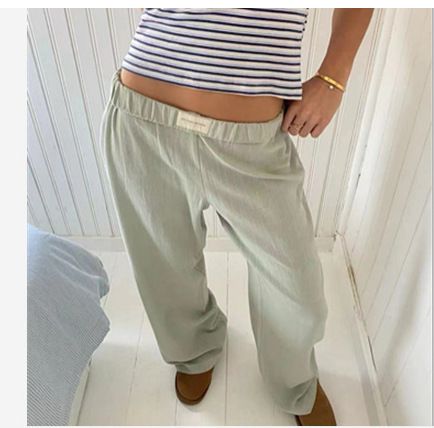 Y2K Striped Print Long Pant Women Elastic Waist Wide Leg Pants Fashion Casual Cotton Straight Trousers Female Elegant_ecoleips.com