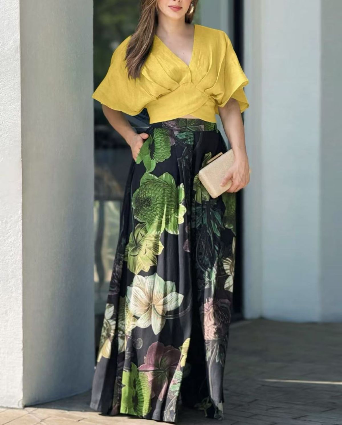 Women's Clothing Women's Suit Fashion Casual V Neck Loose Printed Top Wide Leg Long_ecoleips.com
