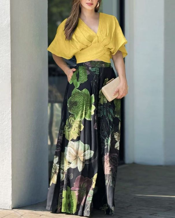 Women's Clothing Women's Suit Fashion Casual V Neck Loose Printed Top Wide Leg Long_ecoleips.com