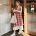Lace Patchwork Plaid Camisole For Women 2024 Summer New Fresh Loose Slimming Two-in-One Dress_ecoleips.com