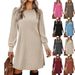 Women's Round Neck Puff Sleeve Mid Length Dress Brushed Ribbed Solid Color Autumn Winter_ecoleips.com