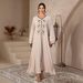Elegant Gold-Embroidered Kaftan Dress – V-Neck Ribbon Detail Middle Eastern Muslim Abaya (Apricot, M-XL)_ecoleips.com