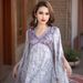 Hand-Sewn Diamond Embellished Evening Dress - Purple Fantasy Trumpet Sleeve Maxi Gown_ecoleips.com