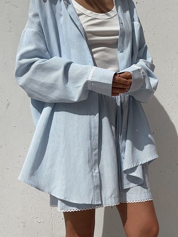 Women's Clothing Pure Cotton Shirt Set Casual Lace Trim Spring Summer Fashion Shorts Outfit_ecoleips.com