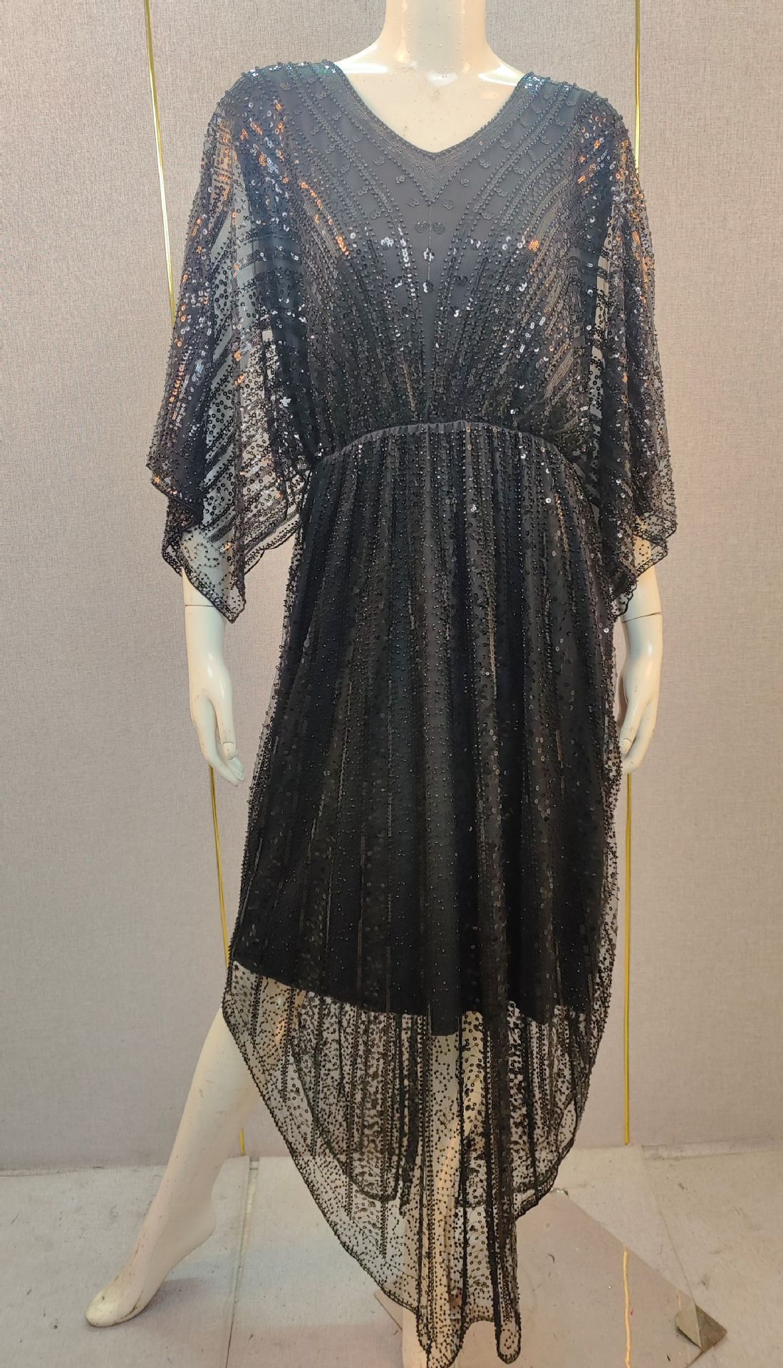 Women's Clothing New Women's Heavy Beaded Sequins V Neck Bat Sleeves Evening Dress Long Skirt Party Bridesmaid High End_ecoleips.com