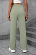 K New Women's High Waisted Pocket Wide Leg Button Casual Loose Straight Leg Pants Long Pants_ecoleips.com