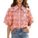 Women's French Court Style Shirt Three Dimensional Petal Flower Print Hollowed Out Lantern Sleeves Chic Mesh Blouse_ecoleips.com