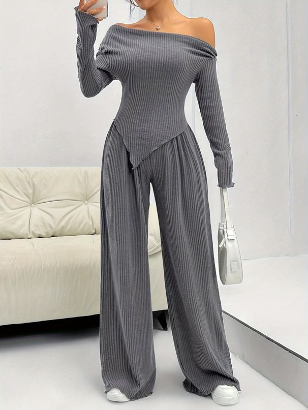 Women's Clothing Two Piece Suit For Women Autumn New Style Fashion Casual Straight Pants Temperament Loose One Line Collar Pit Strip Knit_ecoleips.com