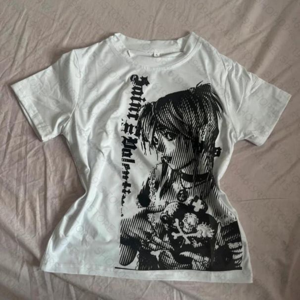 ropa De Mujer Y2k Anime Streetwear O-neck Text Print Tops Women Harajuku Clothes Vintage Crop Tee Aesthetic Casual T-shirt_ecoleips.com