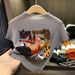 ng2510292 Summer New Fashion Stand Collar Cartoon Print T-Shirt Elegant Thin Simple Versatile Slimming Pleated Top For Women_ecoleips.com