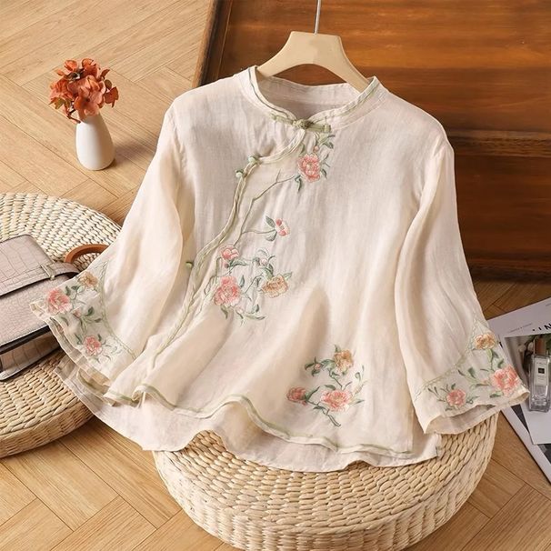 A New-Style Chinese Ethnic Cotton-Linen Top Featuring Embroidery, A Retro Design With A Diagonal Front Opening And Butto_ecoleips.com