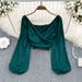 Women's Spring Fashion V Neck Pleated Collarbone Bubble Long Sleeve Crop Top Chic And Unique Pullover Short Exposed Design_ecoleips.com