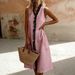 Women's Clothing Women's Elegant Color Block Midi Dress Ruffle Sleeveless Cotton And Linen Blend Style For Formal & Casual For Women_ecoleips.com