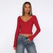 2025 Cross-border Hot-selling Short Cropped Long-sleeve T-shirt Top With Buttons, V-neck, Ribbed Design, Fashionable For_ecoleips.com