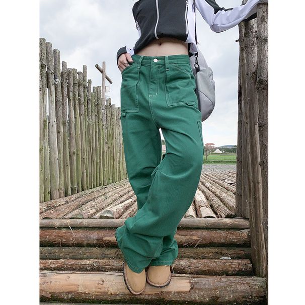 Women's Clothing Retro Multi Pocket Overalls Spring New Thirteen Lines Women's Straight Jeans_ecoleips.com