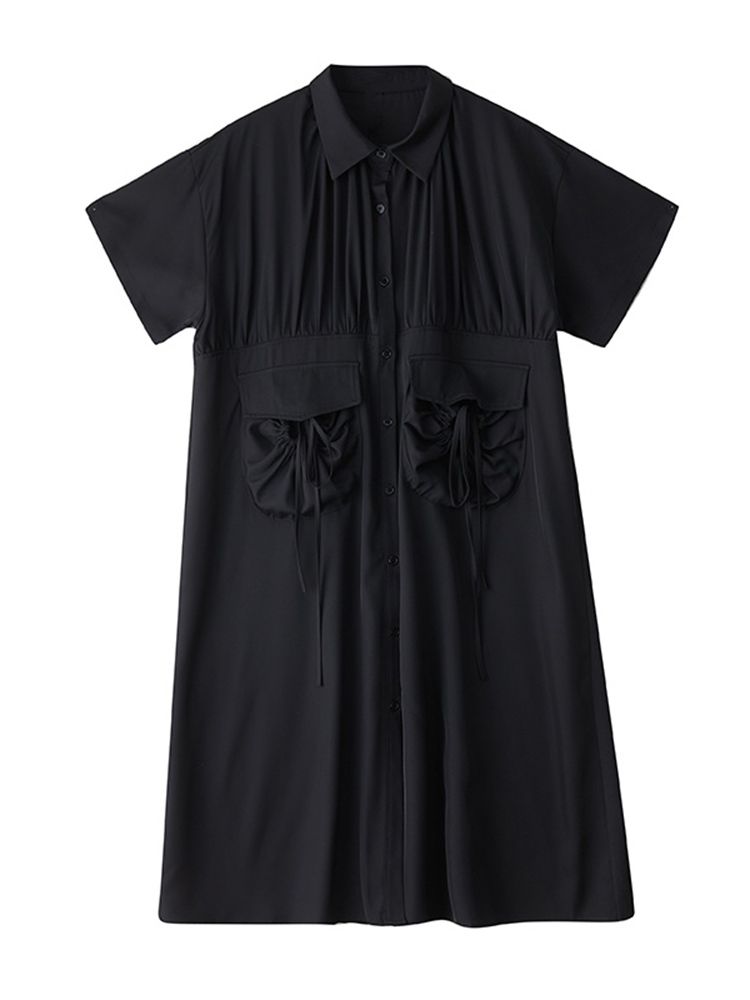 2025 Summer New Oversized Black Vintage Shirt Dresses For Women Short Sleeves Loose Casual Midi Dress Elegant Fashion Clothing_ecoleips.com