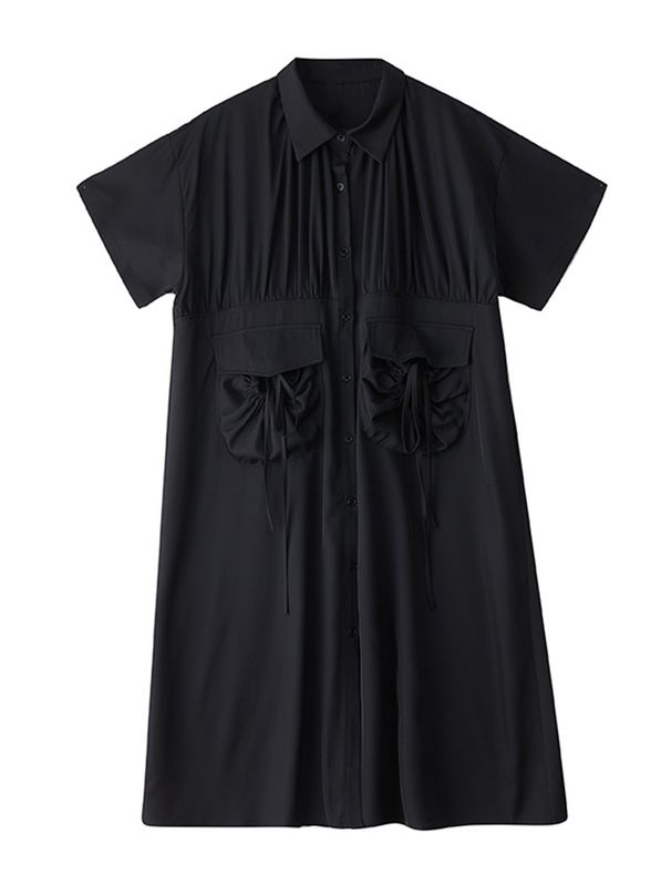 2025 Summer New Oversized Black Vintage Shirt Dresses For Women Short Sleeves Loose Casual Midi Dress Elegant Fashion Clothing_ecoleips.com