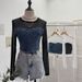 Women's Clothing Two Piece Denim Splicing Mesh Long Sleeved Top Short Navel Exposed Slim T Shirt_ecoleips.com