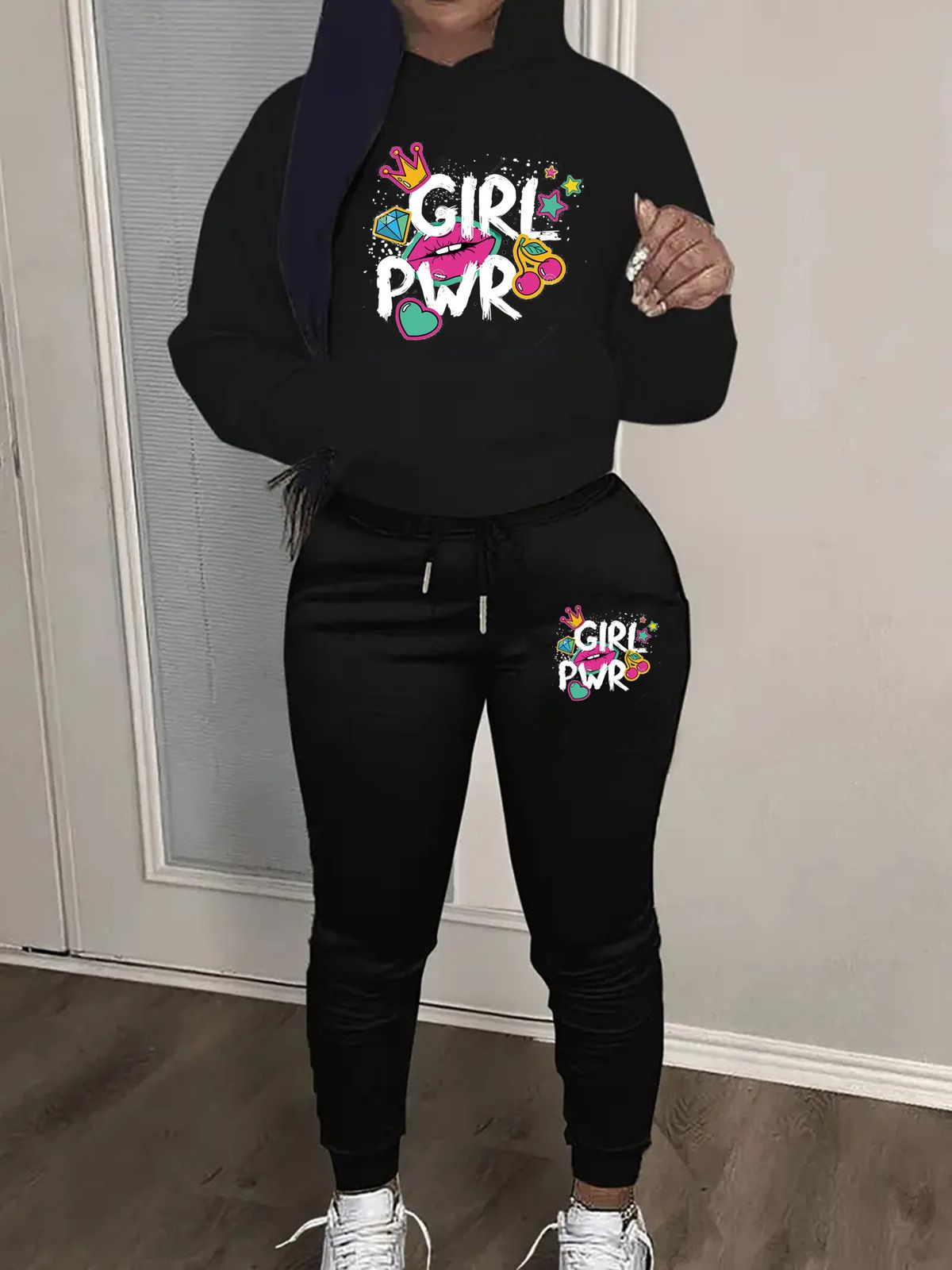 Women's Fashionable Casual Street Dance Sweatshirt And Sweatpants Set Autumn Winter Warm PWR Pattern Print Girl Outfit_ecoleips.com