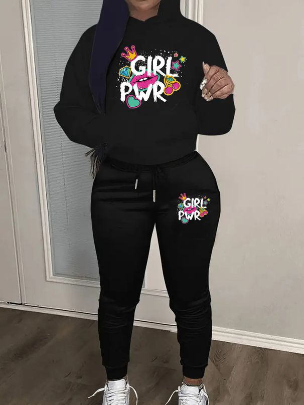 Women's Fashionable Casual Street Dance Sweatshirt And Sweatpants Set Autumn Winter Warm PWR Pattern Print Girl Outfit_ecoleips.com