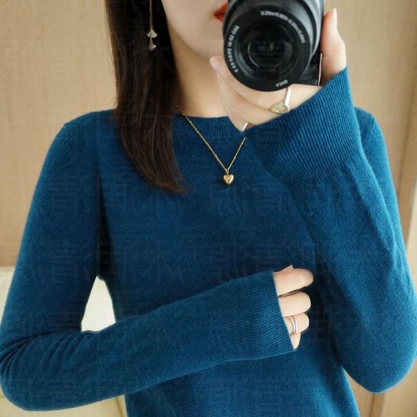 Women's Clothing Round Neck Knit Sweater - Solid Color Long Sleeve Pullover For Autumn & Winter_ecoleips.com