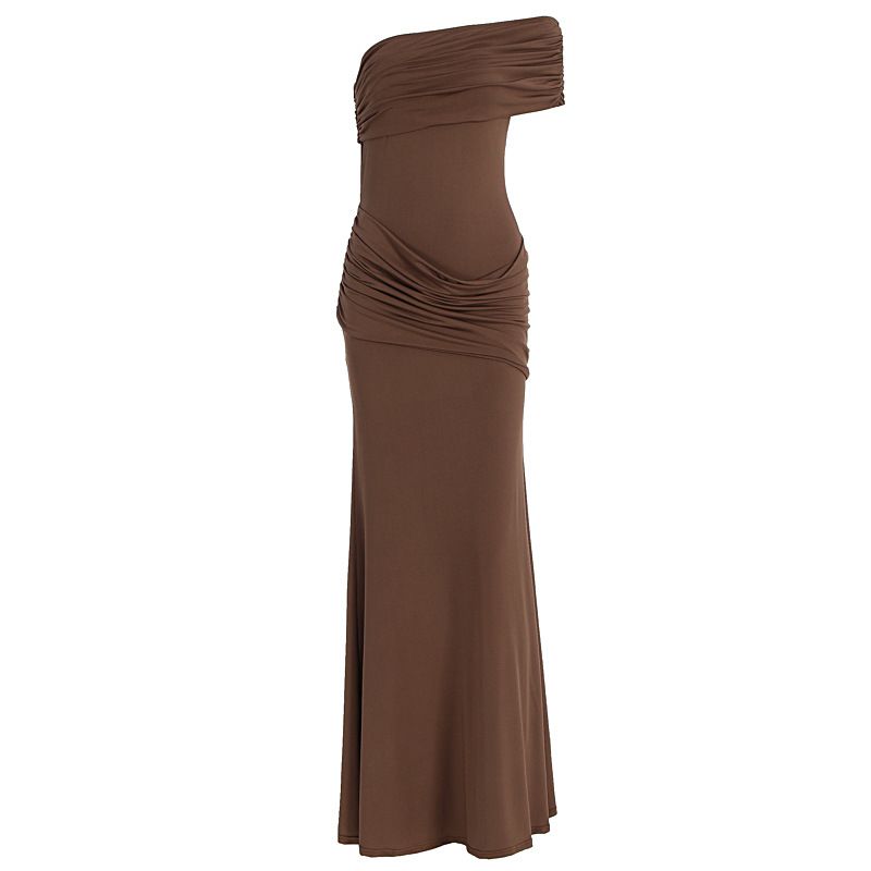 French Style Elegant Sophisticated One Shoulder Slim Fit Slit Hem Dress High End Vintage Casual Party Cocktail Evening Dress For Women_ecoleips.com