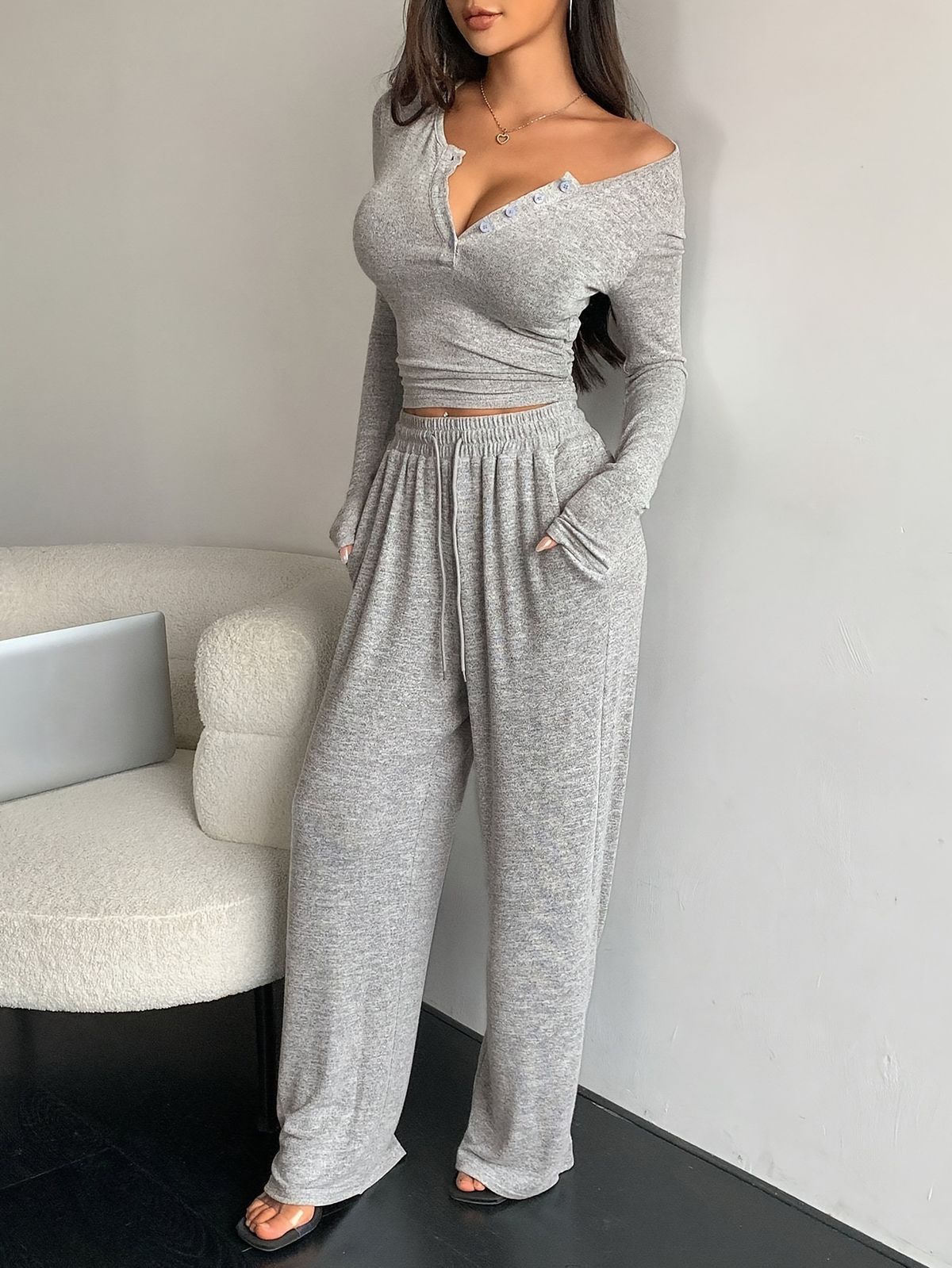 Women's Clothing Autumn Suit Long Sleeved Button Down Solid Color Tight Top Plus Trousers Two Piece Suit For Women_ecoleips.com