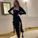 Summer New Women's Elegant Slim Fit Double Slit Dress European American Export Style Wavy Edge Solid Color_ecoleips.com