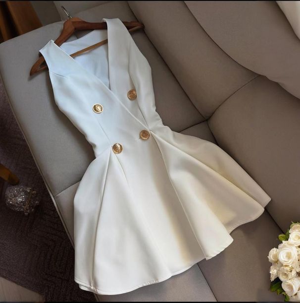 Women's Clothing Summer Wear V Neck Sleeveless Button Solid Color Temperament Pure Short Skirt Dress_ecoleips.com