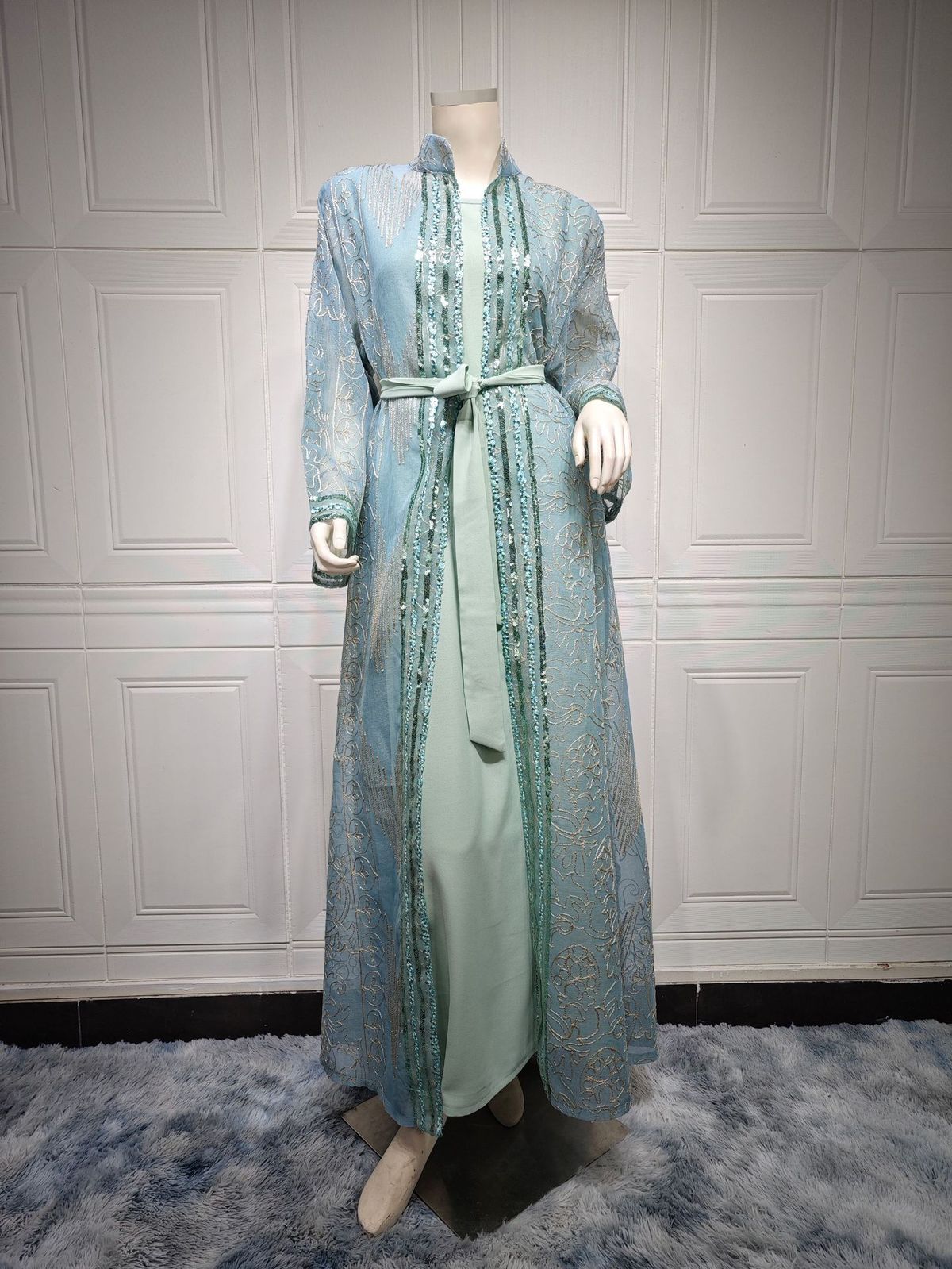 Verve AB333 Muslim Abaya Two Piece Set Including Belt Dubai Elegant Cardigan Long Dress_ecoleips.com